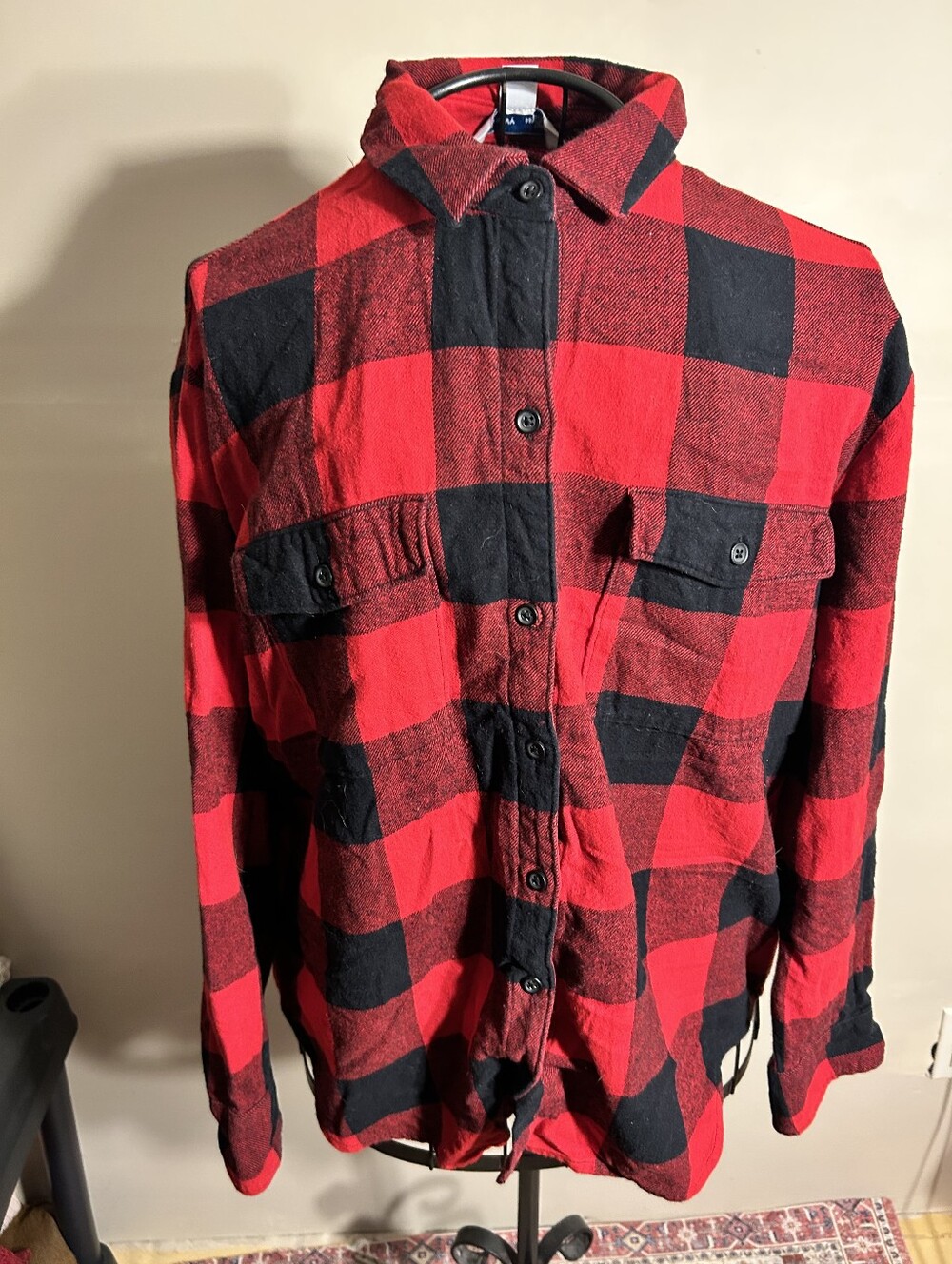 size medium womens black red flannel plaid button down shirt outdoor wear